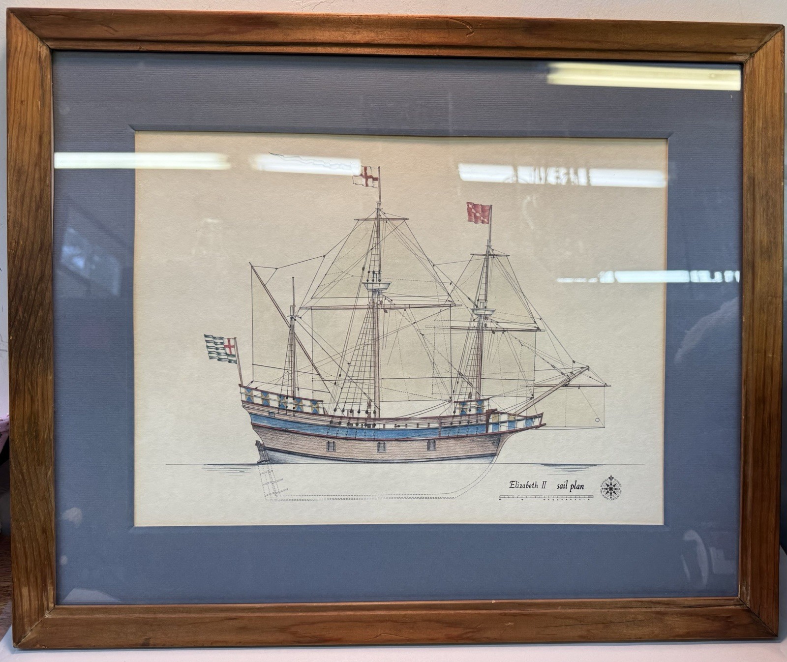 Vintage 1983 Elizabeth II Sail Plan Print Stanley Potter Nags Head Art NC 400th