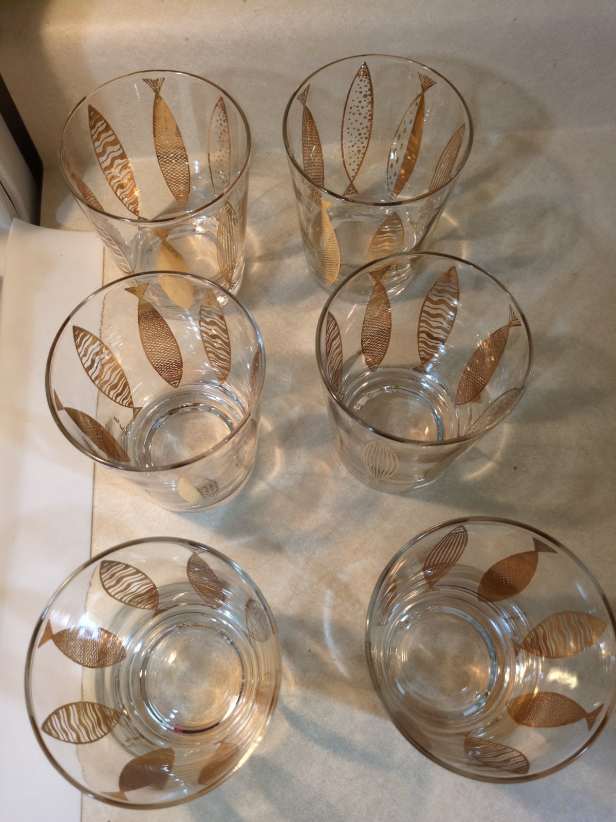 Vintage Fred Press Set 6 Highball Fish Glasses Gold MCM Mid Century Vintage Fred Press Set 6 Highball Fish Glasses Gold MCM Mid Century