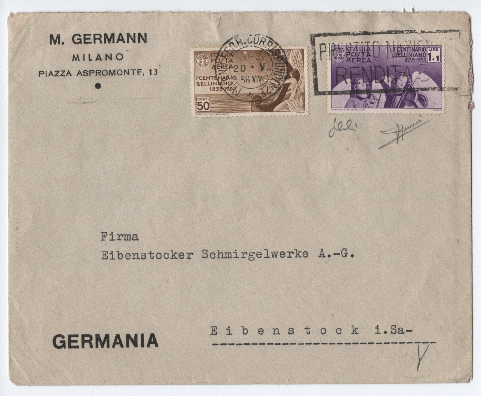 Kingdom 1936 “Bellini” Travel Envelope Cert. Cilia
