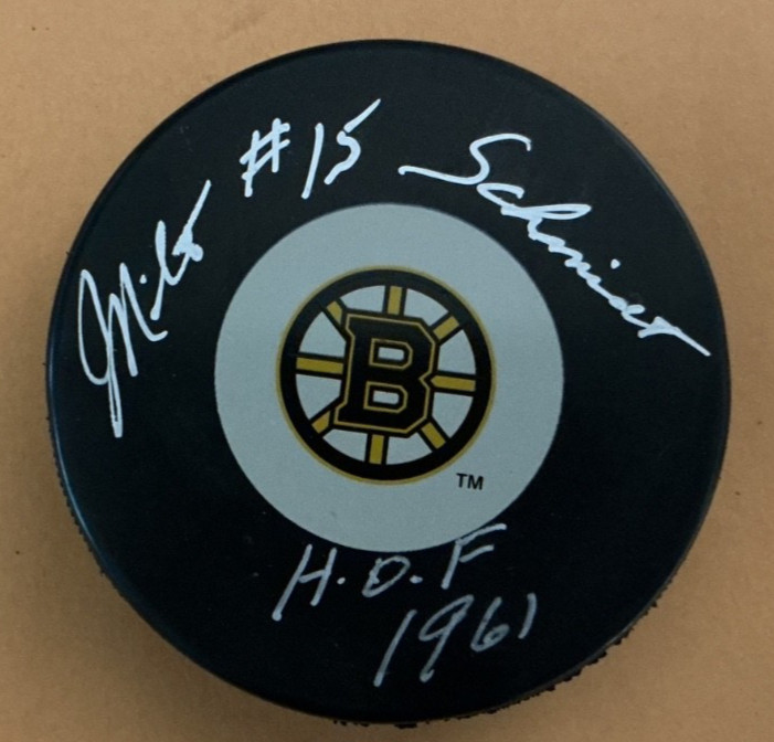 Milt Schmidt Boston Bruins HOF 1961 Autograph Signed Logo Puck Milt Schmidt Boston Bruins HOF 1961 Autograph Signed Logo Puck