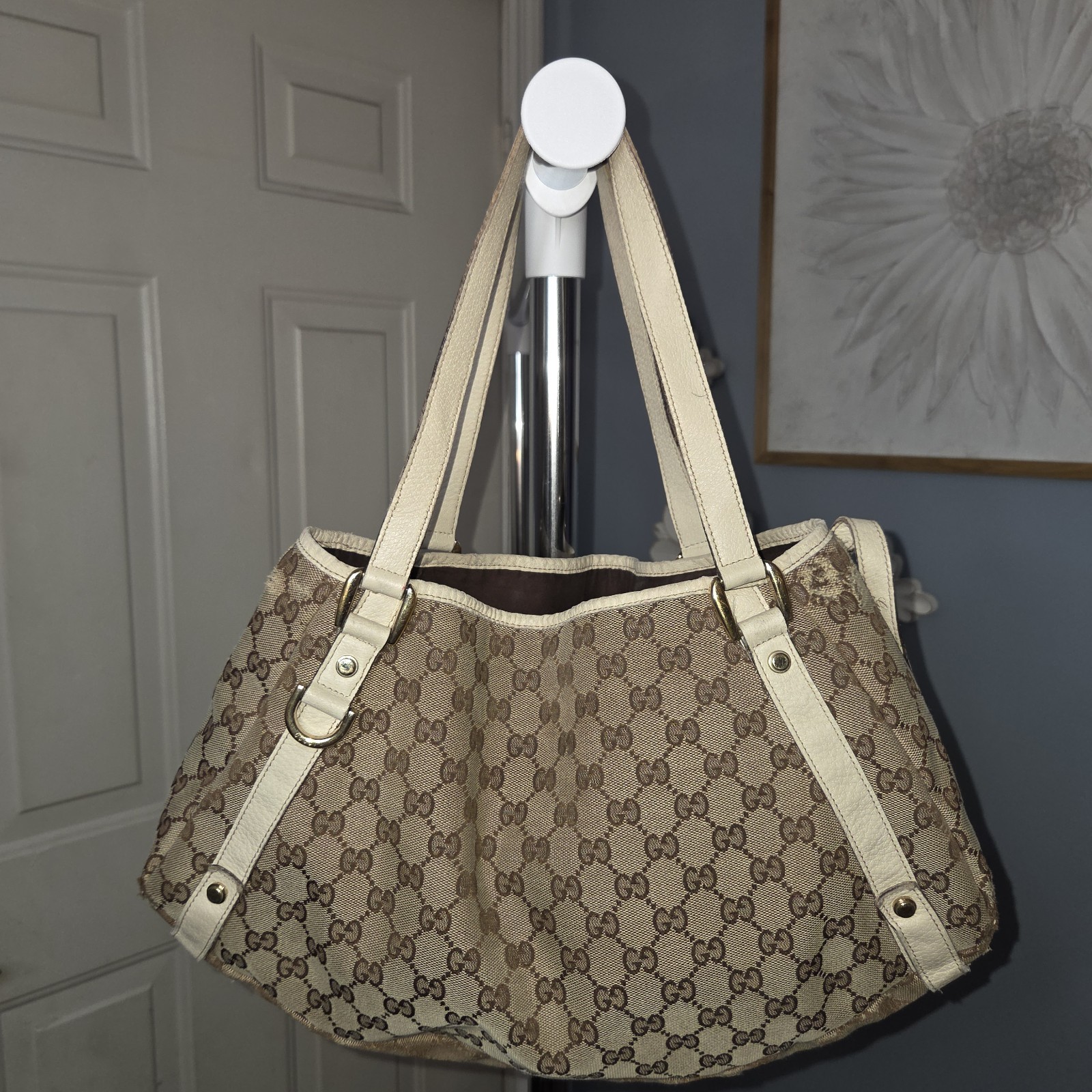Gucci Abbey Line Tote Bag Beige/Bronze GG Monogram Canvas/Leather