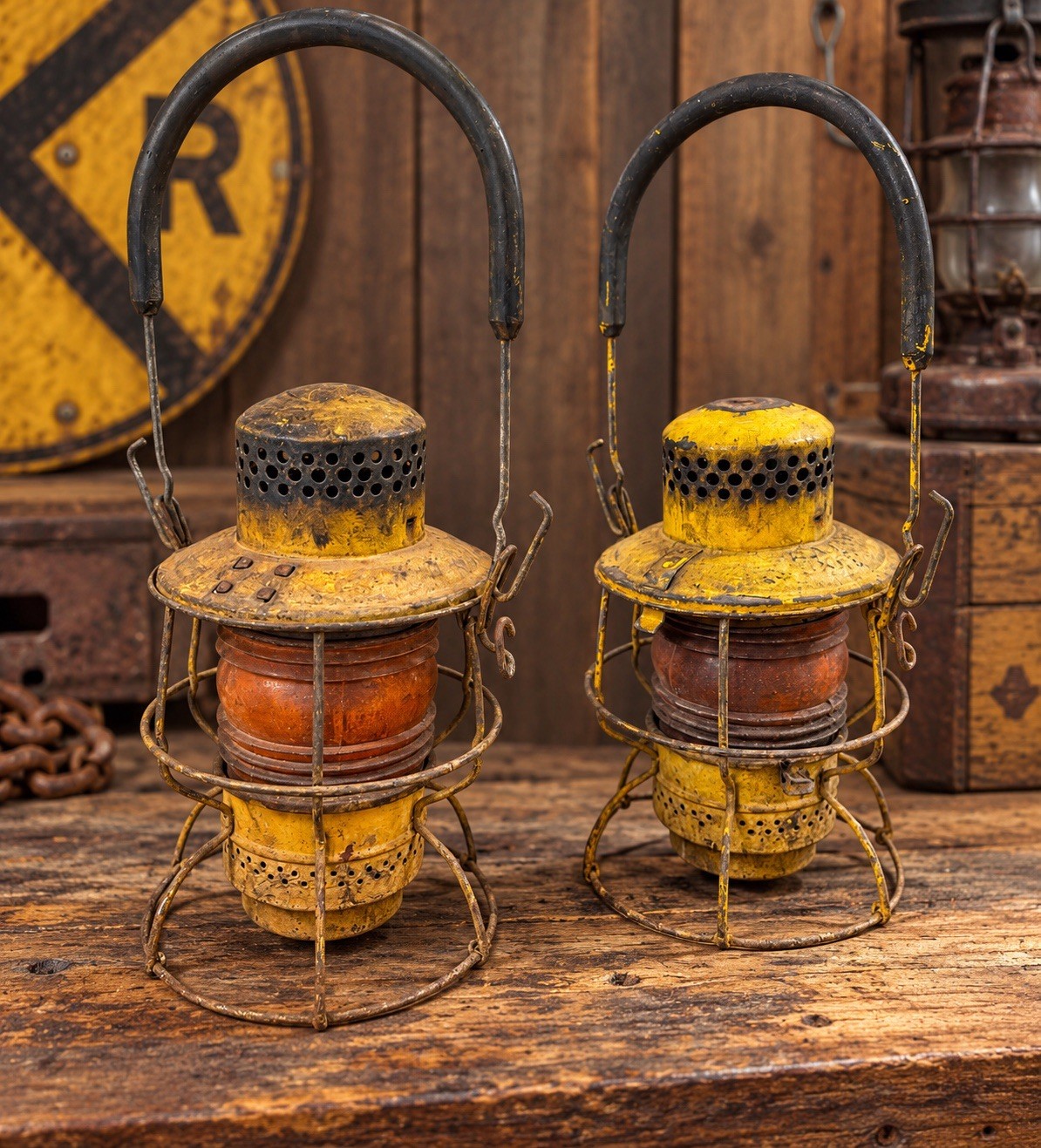 Pair Vintage Adlake Kero Railroad Lanterns Amber Globes Yellow Industrial