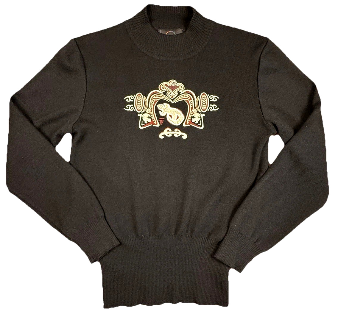 Vintage Bogner Ski Sweater M Black Wool Blend Mock Neck Embroidered