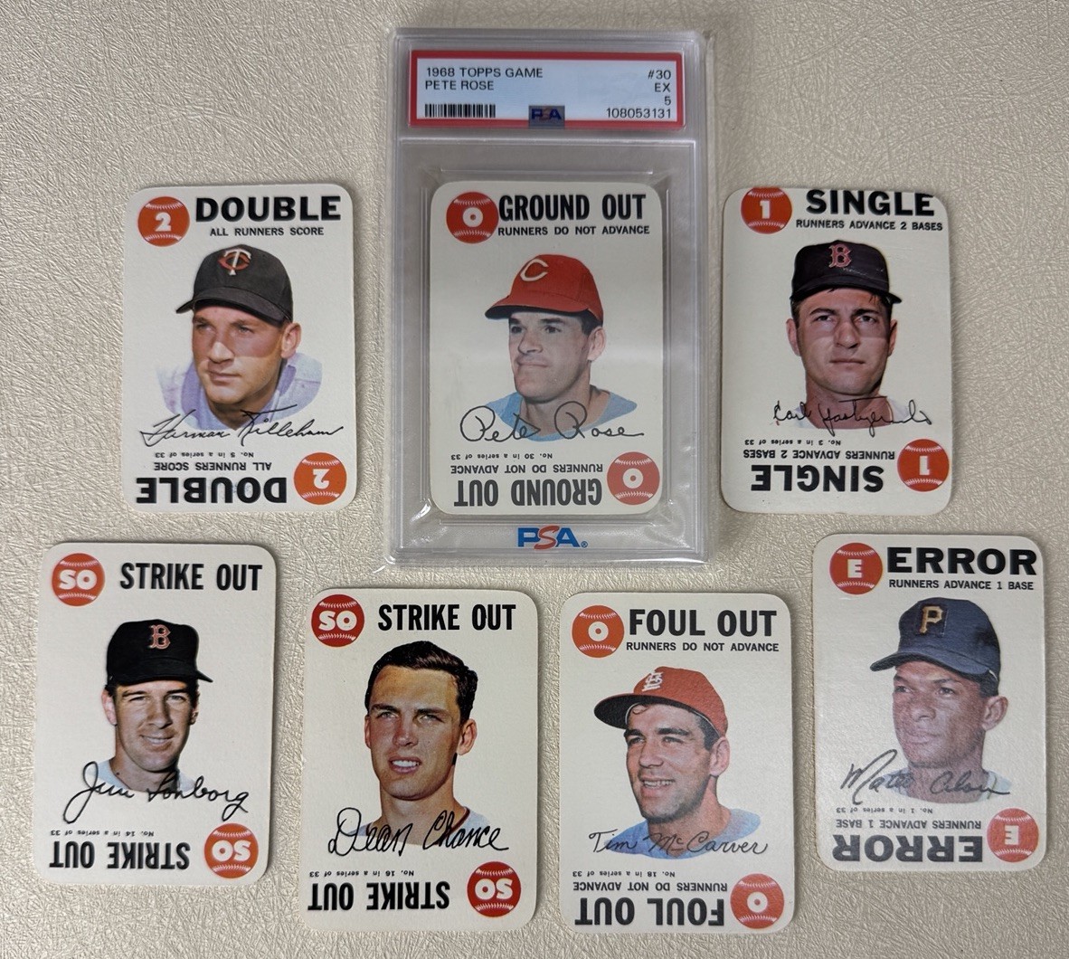 Lot of (7) 1968 Topps Baseball Game Cards with PSA 5 Pete Rose / Yaz / Killebrew