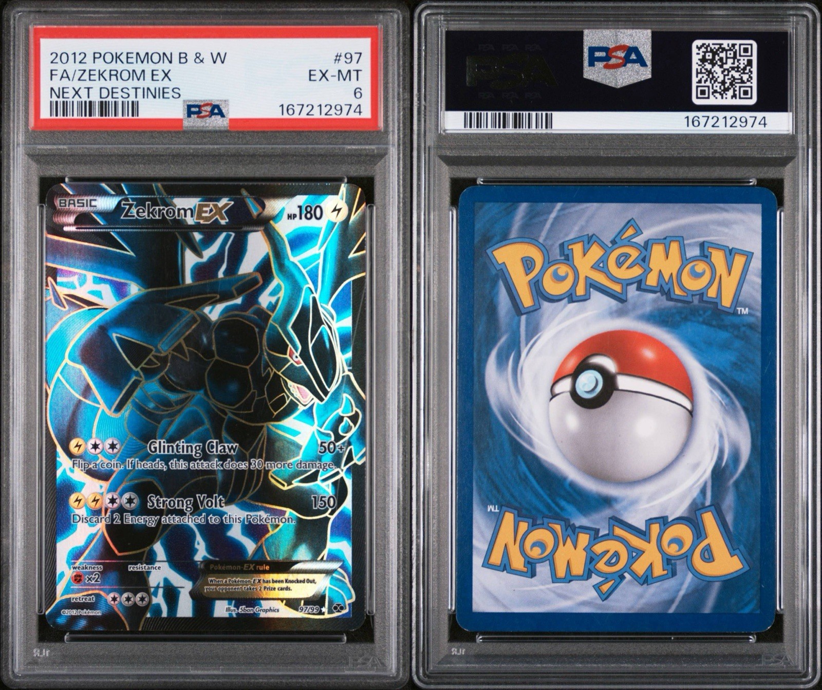 NEW CERT 2012 POKEMON BLACK WHITE NEXT DESTINIES 97/99 FULL ART/ZEKROM EX PSA 6
