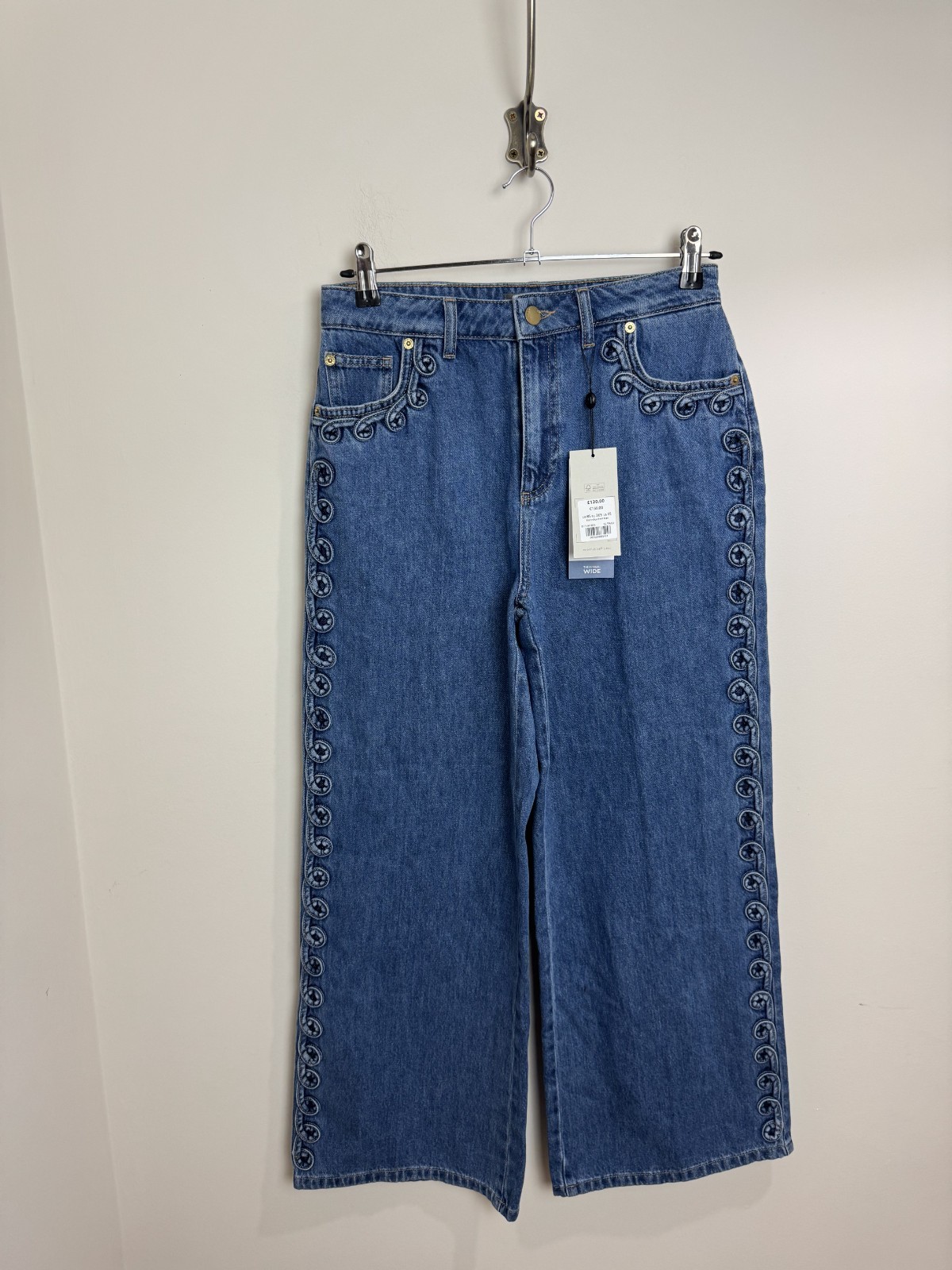 Mint Velvet Wide Leg Jeans Size 8 Short Indigo Blue Swirl Detail RRP £120 Mint Velvet Wide Leg Jeans Size 8 Short Indigo Blue Swirl Detail RRP £120