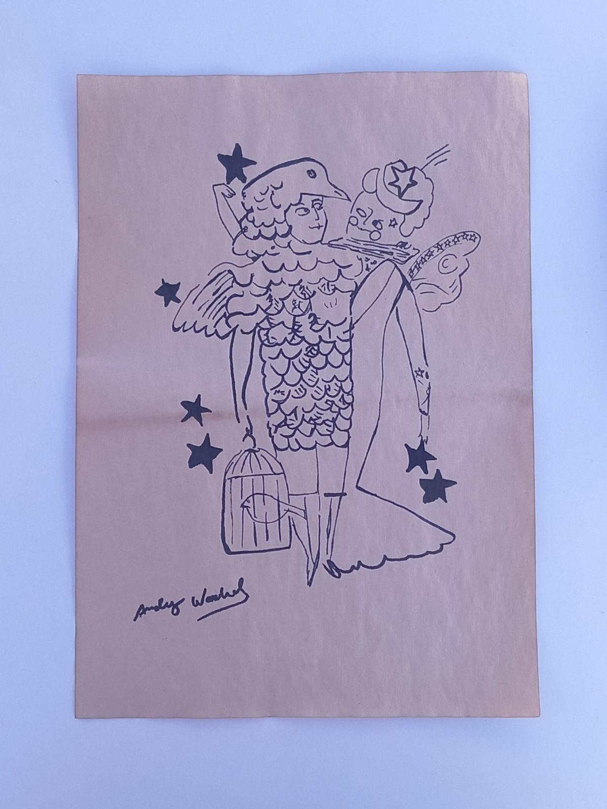 Andy Warhol painting drawing on old paper signed stamped vtg