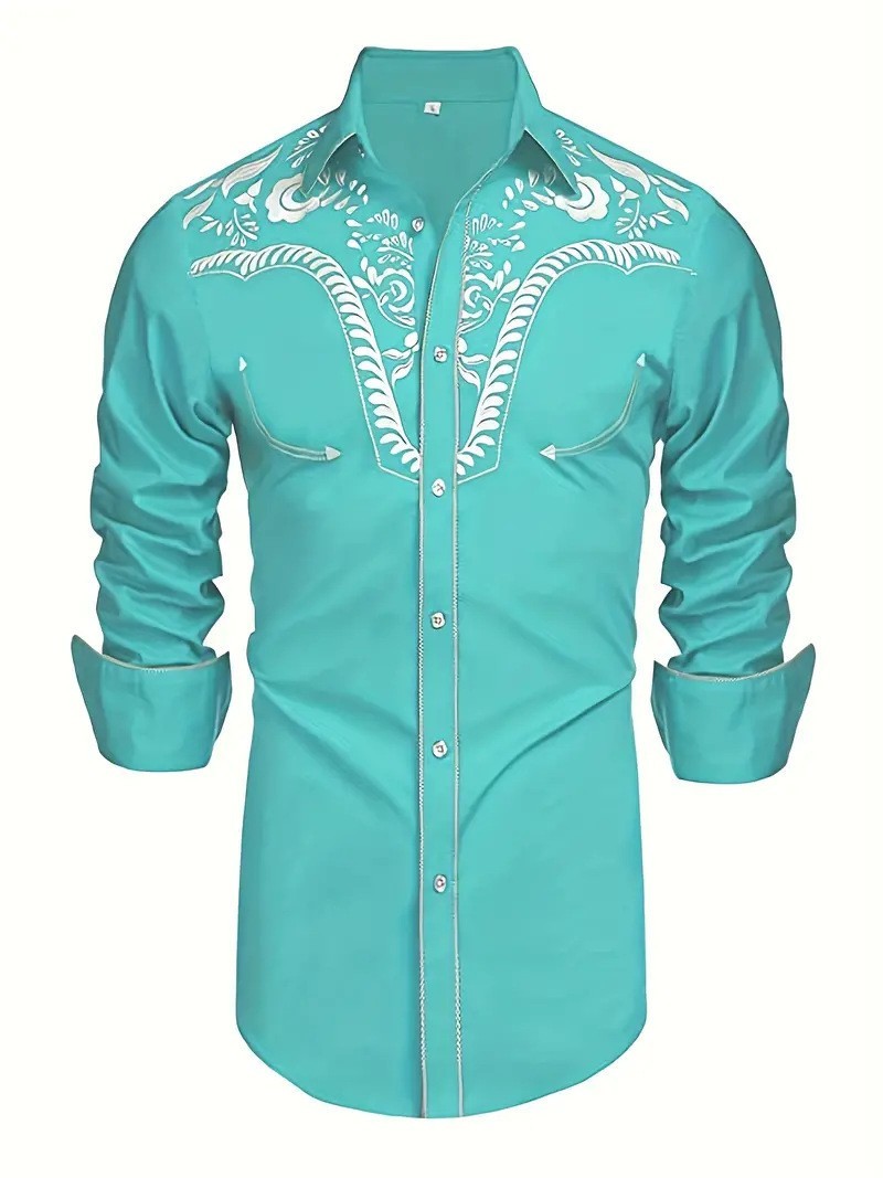 Men's Western Cowboy Shirt Long Sleeve Retro Printing Casual Buttons Down Shirts