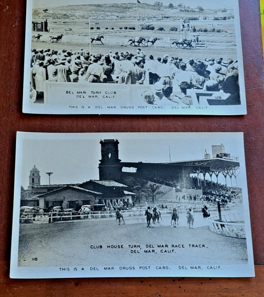 Two vintage real photo postcards Del Mar Turf Club no. 126 & no.116 unused