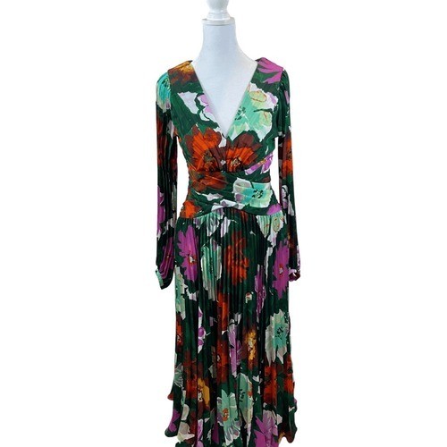 Anthro Mauve Brand Green Floral Pleated V Neck Dress Size 4
