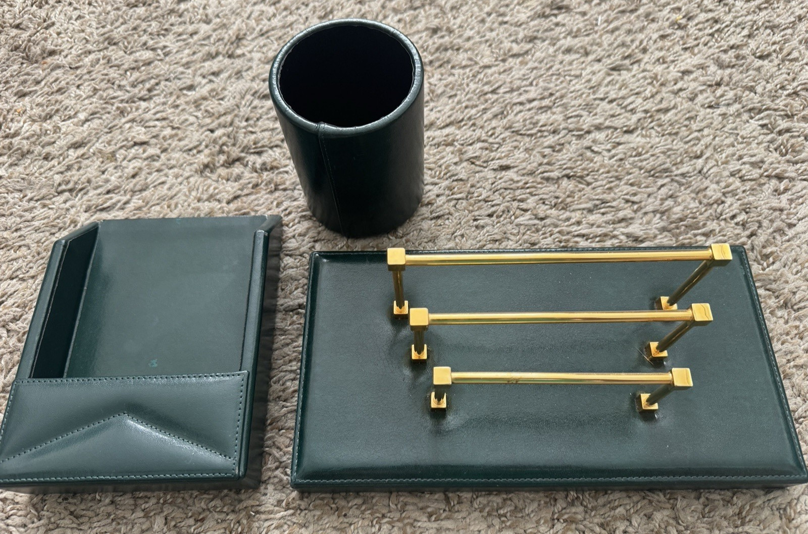 Stuart Kern America Office Set Envelope Letter Holder Pen Basket Dark Green Lthr Stuart Kern America Office Set Envelope Letter Holder Pen Basket Dark Green Lthr