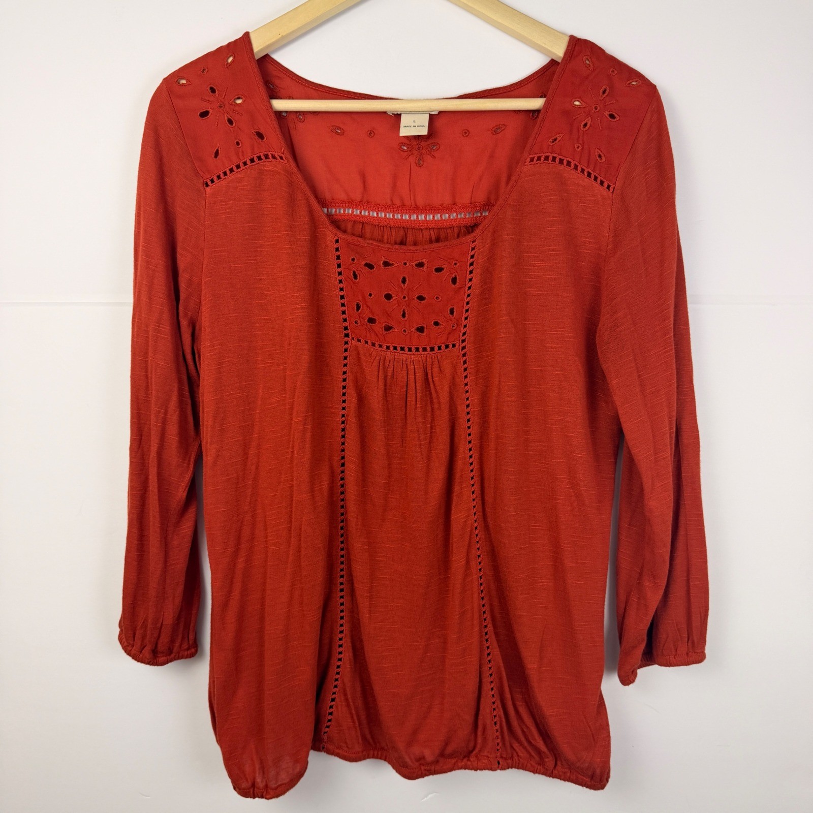Lucky Brand Womens L Rust Orange Eyelet Embroidered Boho Peasant Top Rayon
