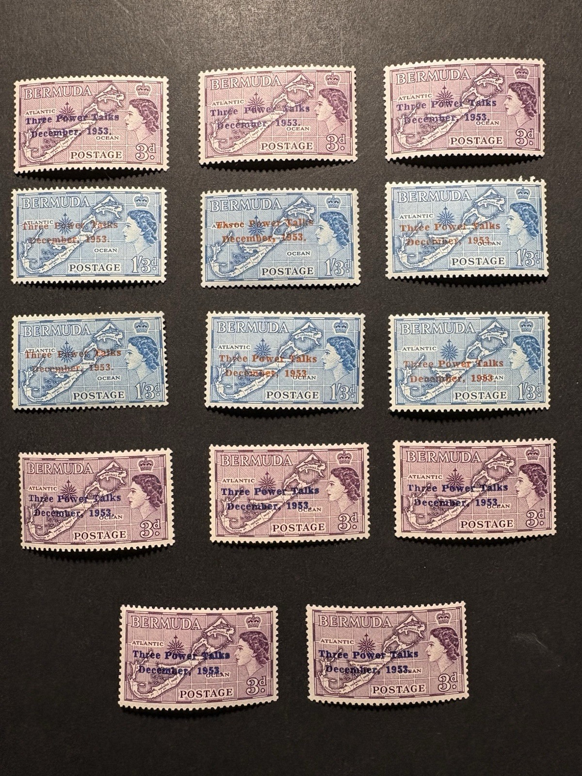 Bermuda QE 12 MNH, 2 MH Stamp Lot 14 overprinted 3d 1/3d Purple Blue 1950s Bermuda QE 12 MNH, 2 MH Stamp Lot 14 overprinted 3d 1/3d Purple Blue 1950s