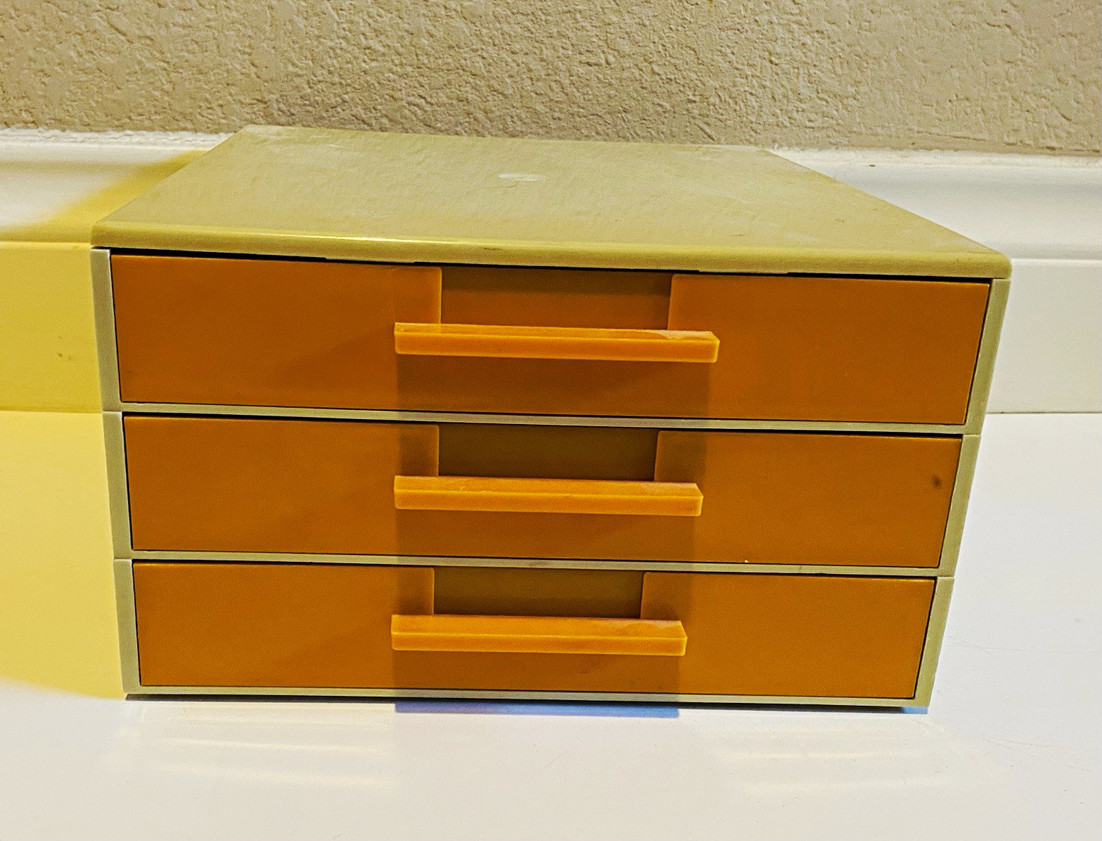 Vintage 1970s Stackable Hard Plastic 3-Tier Office Drawers Beige & Orange Vintage 1970s Stackable Hard Plastic 3-Tier Office Drawers Beige & Orange