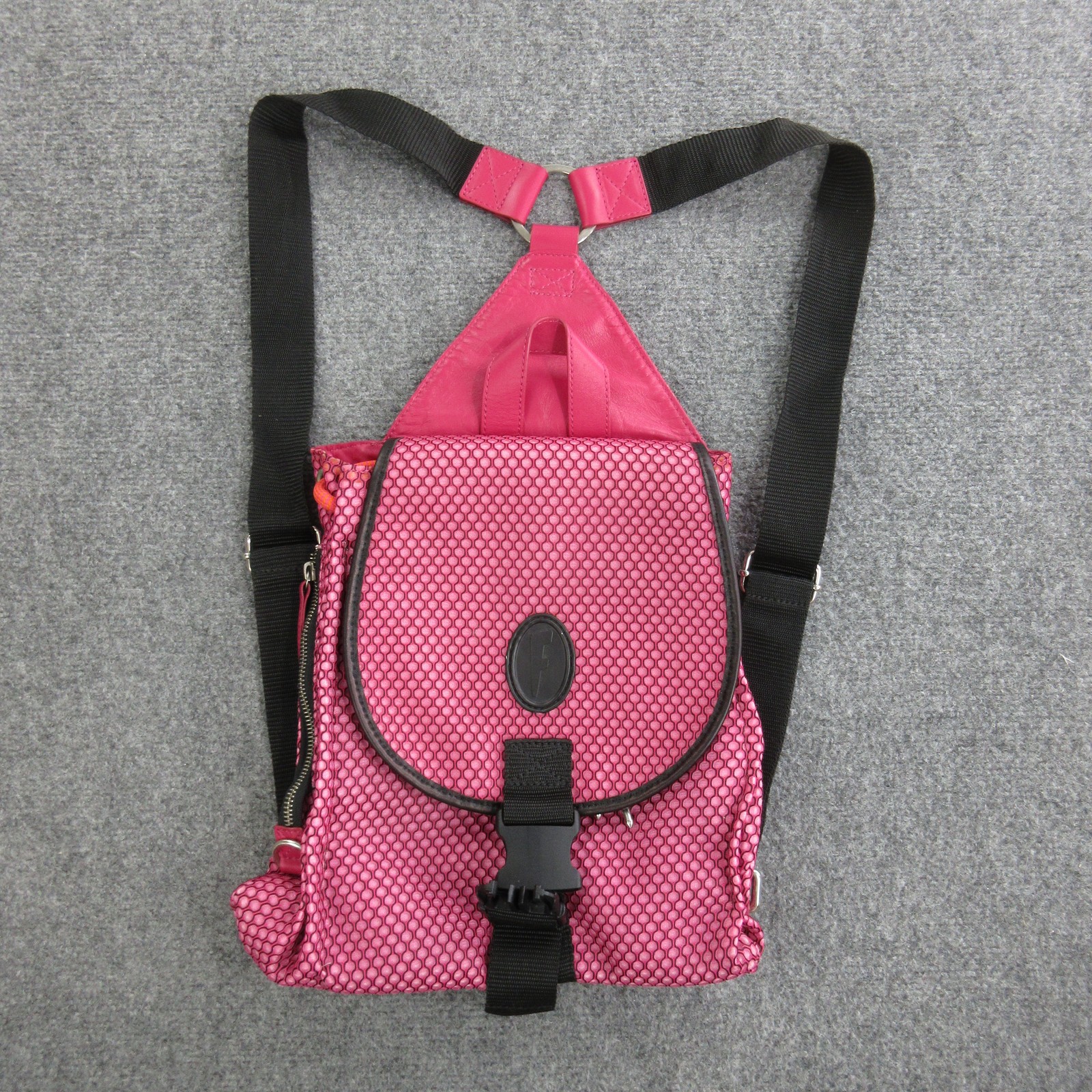 John Fluevog Backpack Womens Medium Pink Geometric Leather Nylon Drawstring Bag