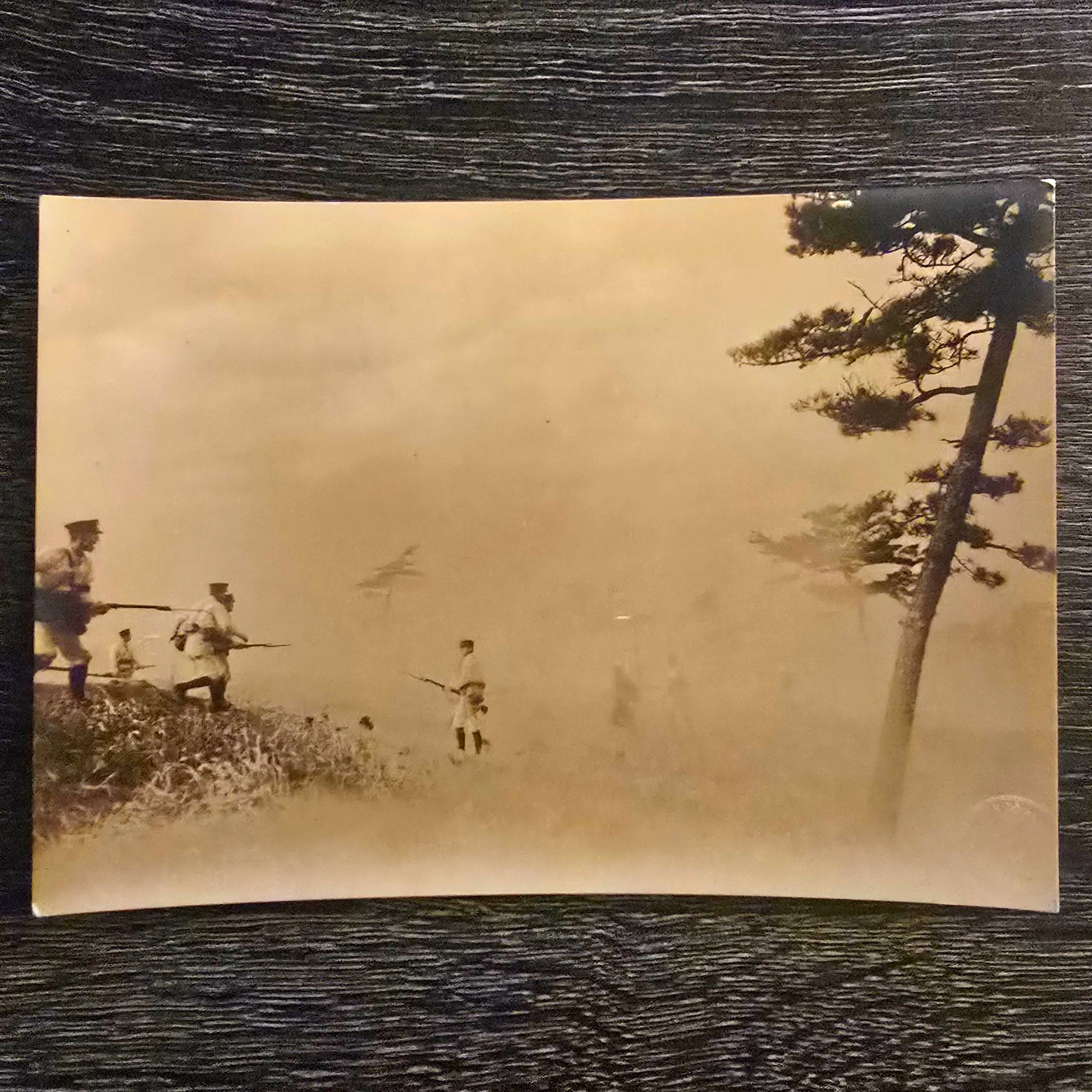 Antique Japanese Soldiers Military Rifle Bayonet Photo Pre WWII Japan Smoke Mist