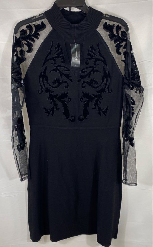 INC International Concepts Women\'s Black Velvet Applique Mesh Sleeve Dress NWT L