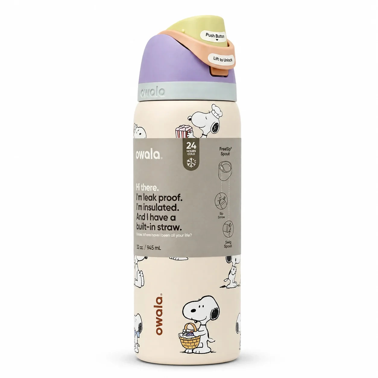 Custom Cream Snoopy Owala FreeSip Water Bottle – 32 oz