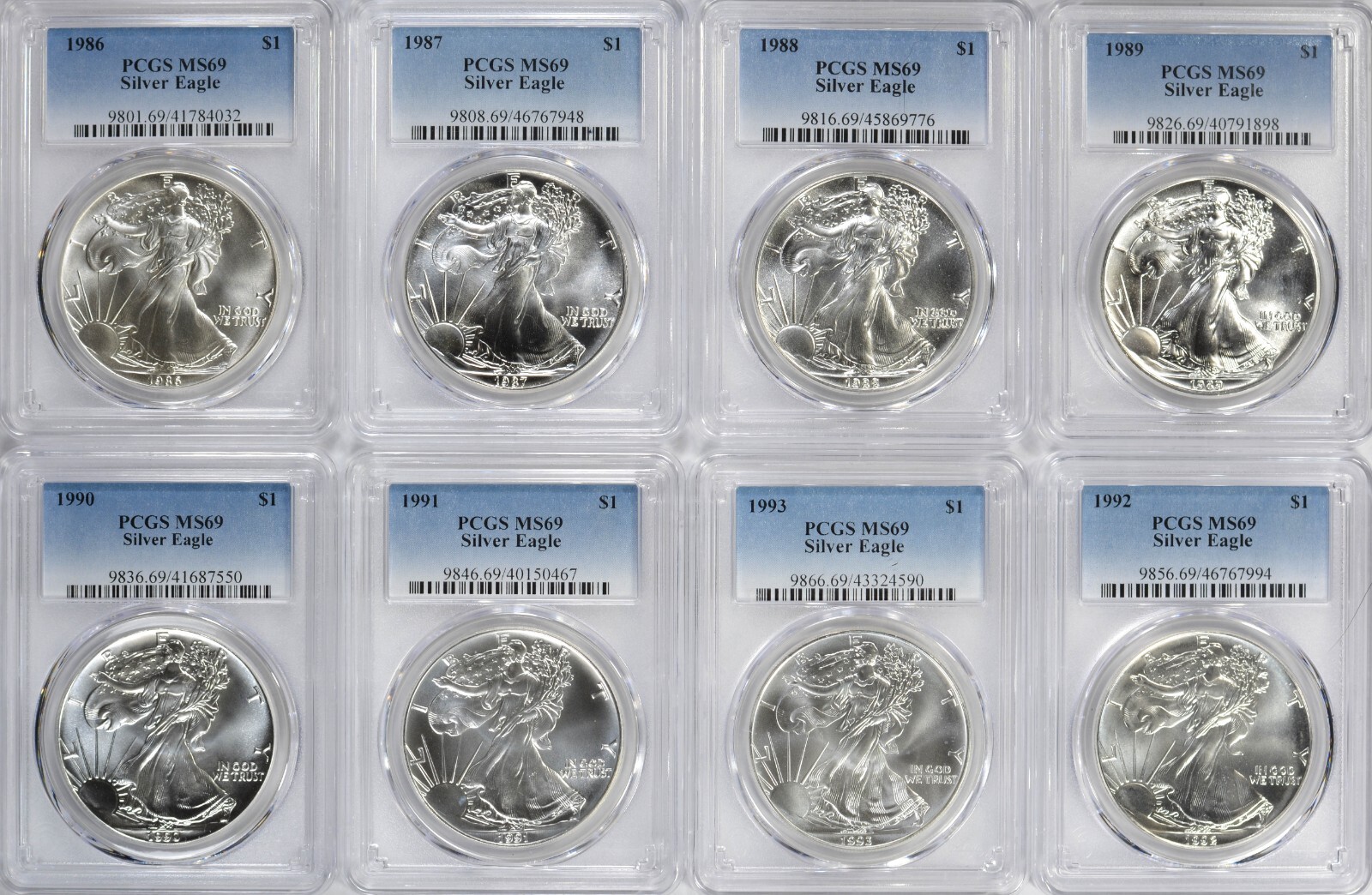 1986-2026 American Silver Eagles Complete 42 - Coin Set Each Graded PCGS MS69