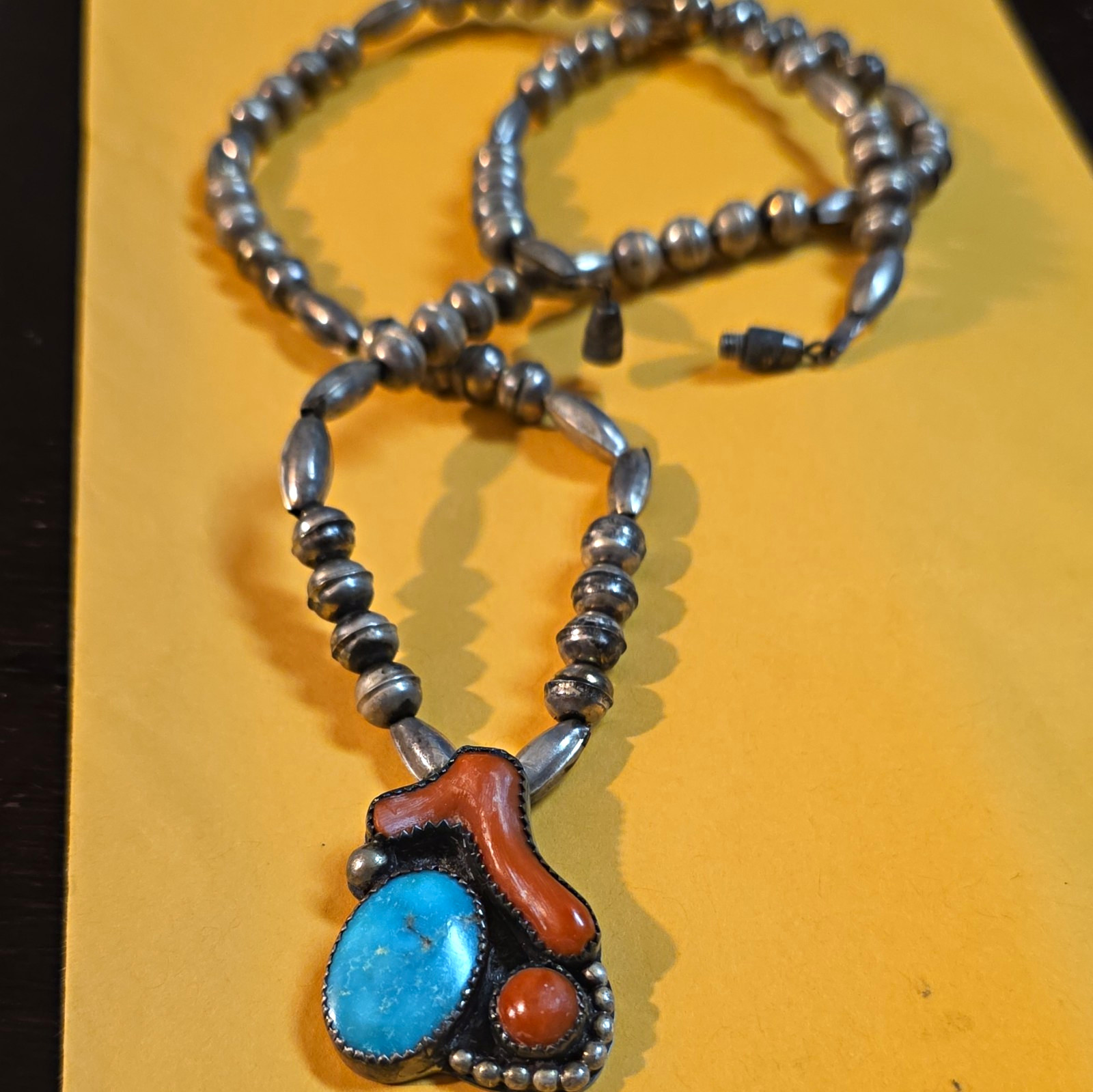 Vintage Navajo Sterling Silver Turquoise Coral Necklace 24