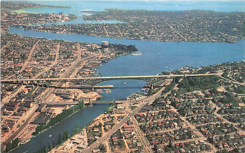 Postcard WA: Aurora Ave Bridge Aerial View, Seattle, Washington Postcard WA: Aurora Ave Bridge Aerial View, Seattle, Washington