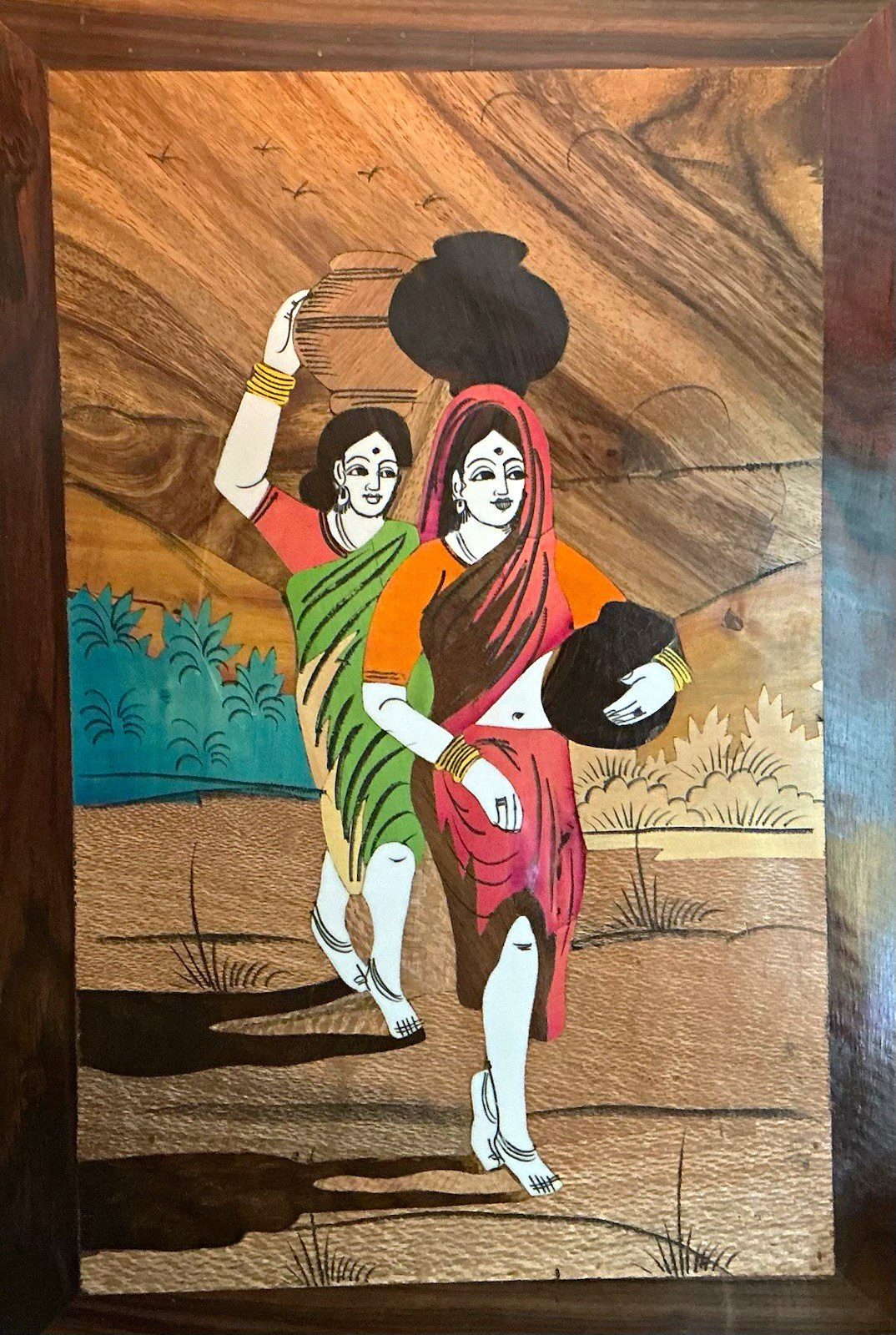 18 x 24 Hand-Painted Folk Art Wood Inlay Indian Mysore-Style