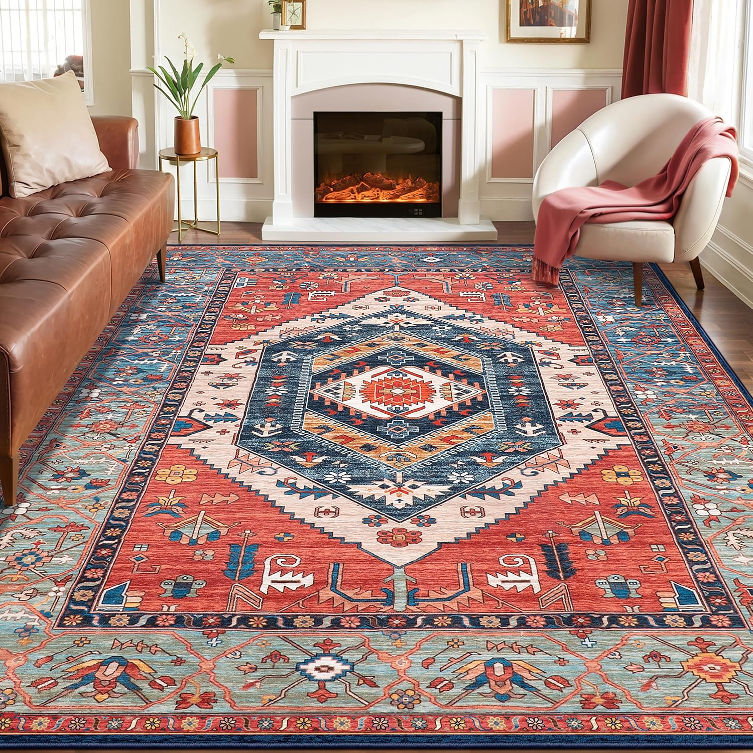 SERISSA Washable Rugs 8X10 Area Rugs, Large Non-Slip Boho Living Room Rust Rug, 