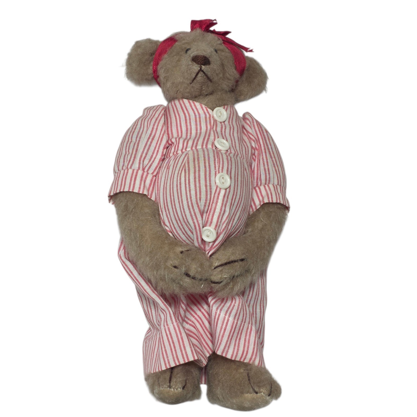 Adorable Vintage Teddy Bear Pregnant Pajamas Red White Stripe Bow Ear Plush Toy