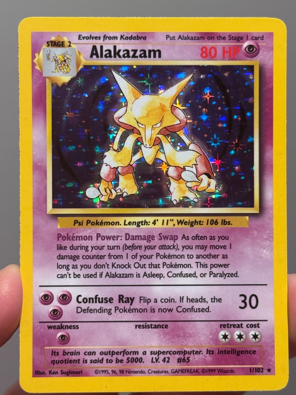 Alakazam 1/102 HOLO Base Set Unlimited Pokemon TCG 1999 WOTC English - MP