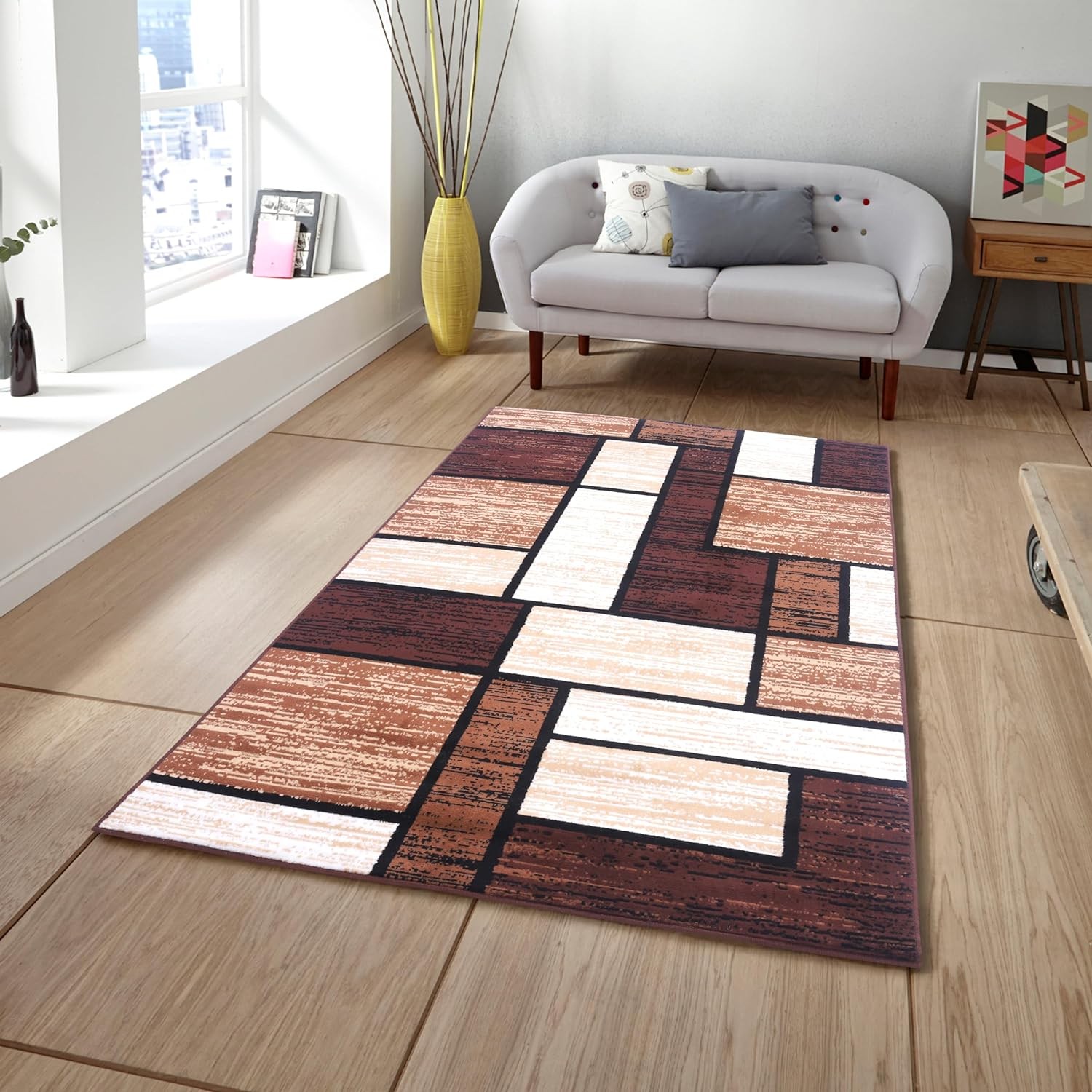 Contemporary Modern Area Rug or Runner Brown Geometric Blocks CARPET