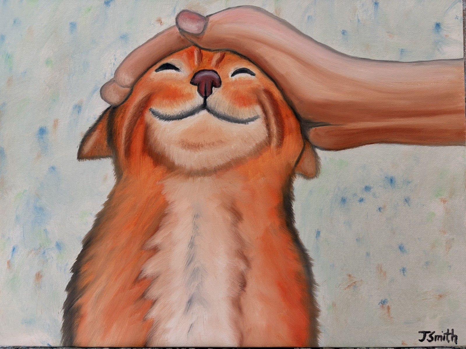 Original oil painting 11 x 14 inch happy colorful orange tabby cat being petted Original oil painting 11 x 14 inch happy colorful orange tabby cat being petted
