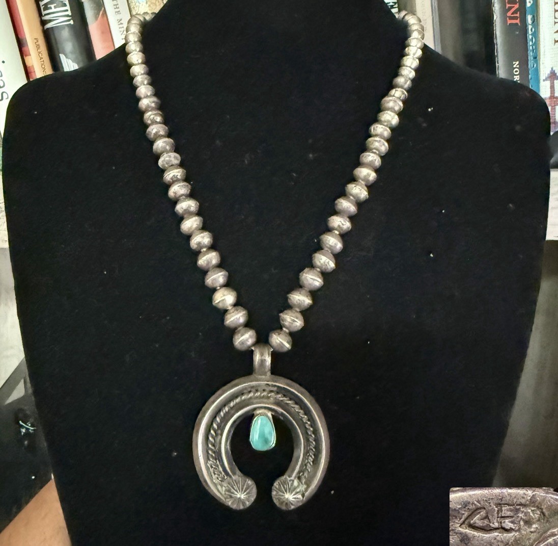 RARE 1940’s Navajo FRED PESHLAKAI Sterling & Turquoise Squash Blossom Necklace RARE 1940’s Navajo FRED PESHLAKAI Sterling & Turquoise Squash Blossom Necklace