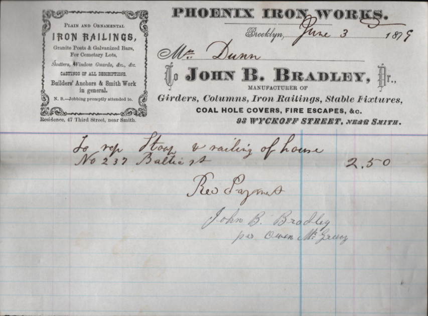 1870s Brooklyn NY Phoenix Iron Works Billhead Bradley Wyckoff St Stoop Railing