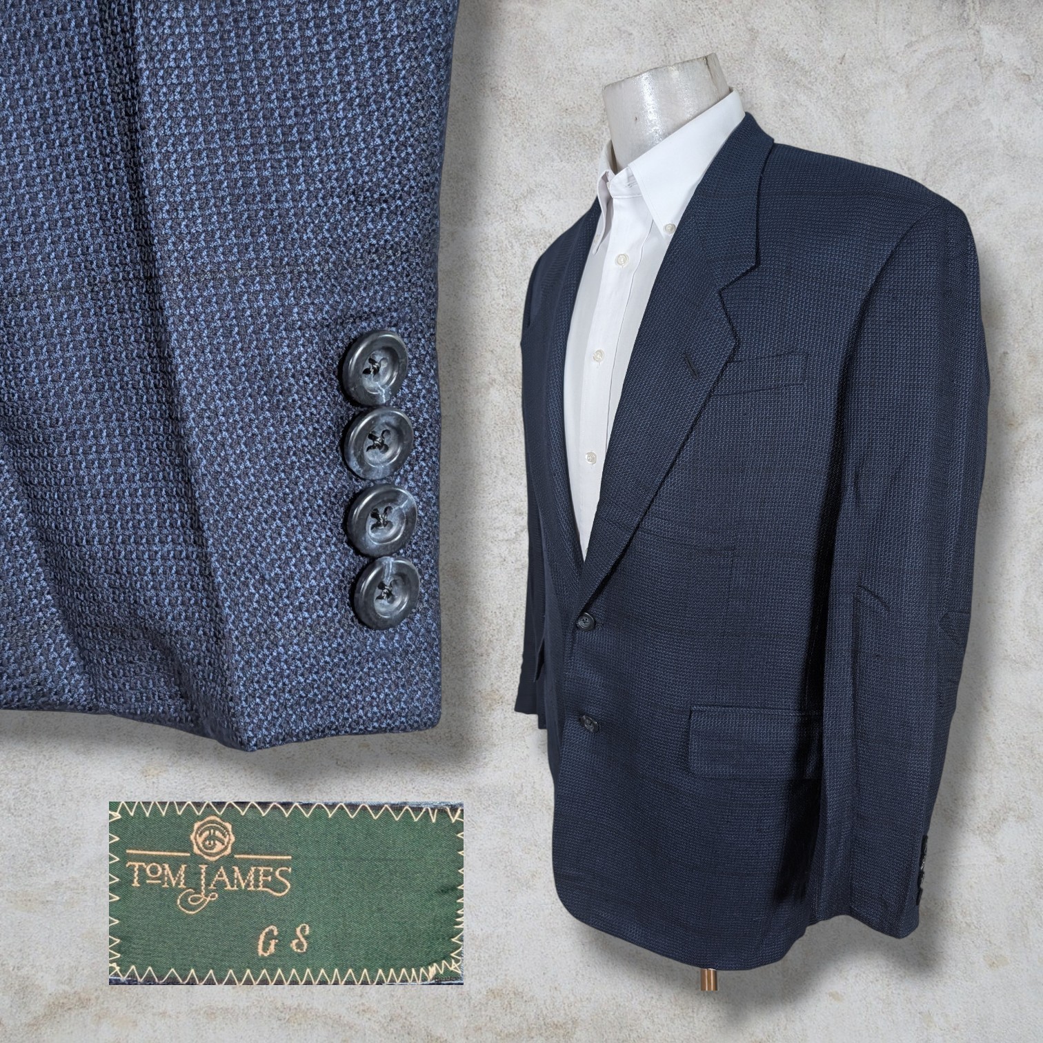 Tom James Blazer Sport Coat Mens 40R Blue Check Windowpane Tweed Tom James Blazer Sport Coat Mens 40R Blue Check Windowpane Tweed