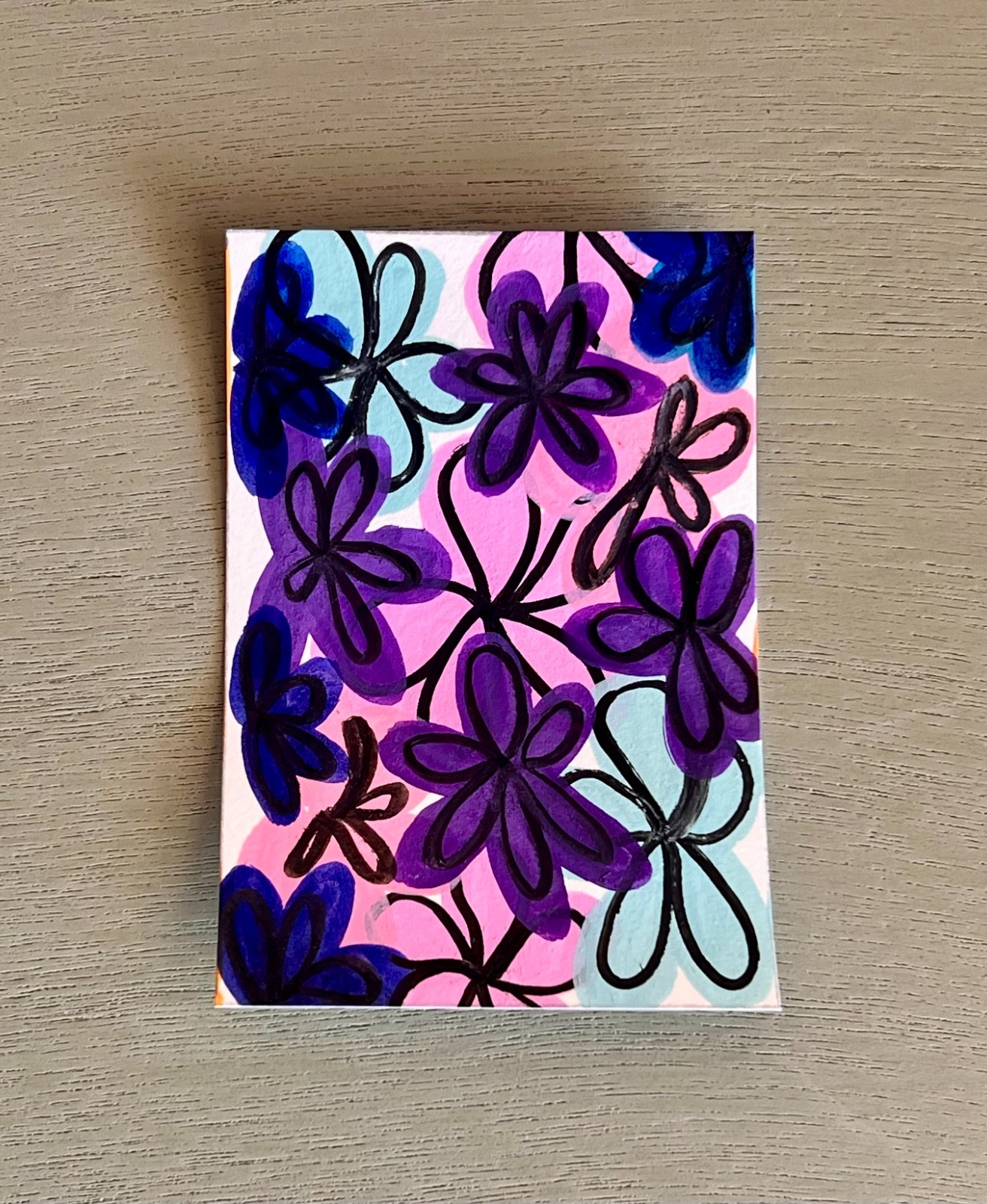 ACEO Orignal Art Card Mixed Media Funky Purple and Blue Flowers ACEO Orignal Art Card Mixed Media Funky Purple and Blue Flowers