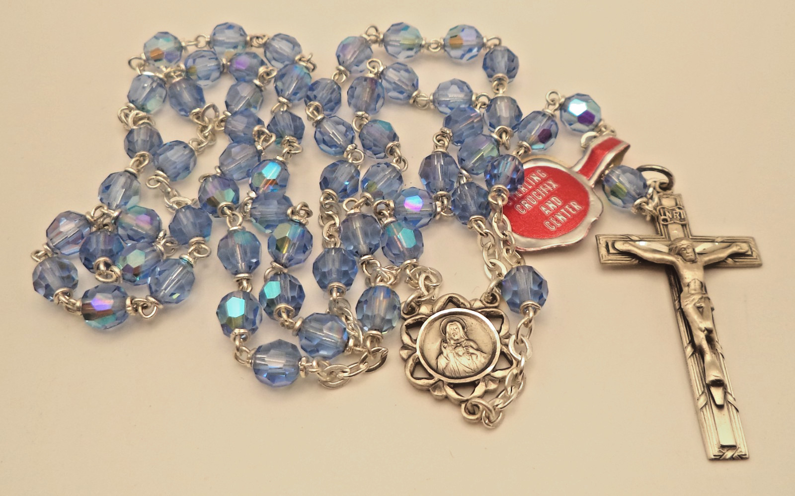 Vintage Chapel Sterling Silver Rosary Blue AB Crystal Glass Beads Rhodium 30.8g