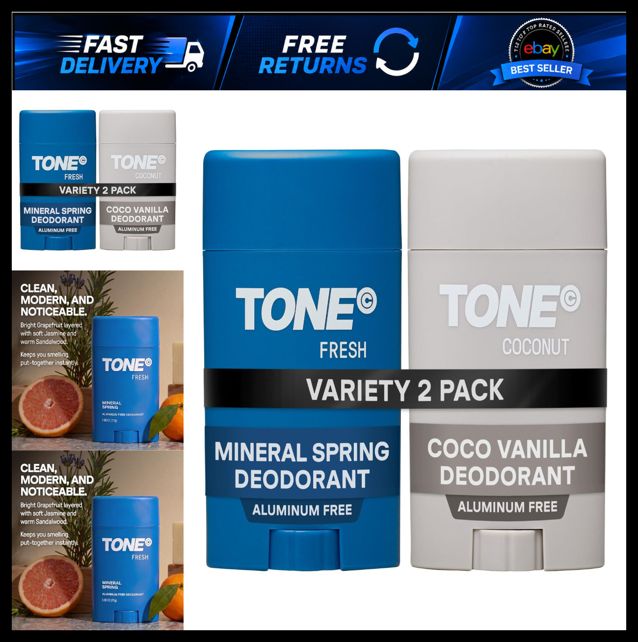 TONE Aluminum Free Deodorant for Men & Women, 2-Pack Variety, 2.65 oz, Fresh &