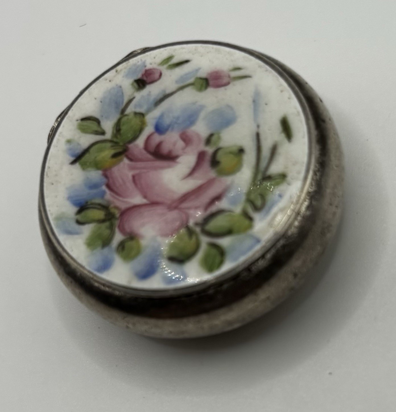 Bliss Brothers Antique Sterling silver Painted Porcelain Small Pill Box antq Bliss Brothers Antique Sterling silver Painted Porcelain Small Pill Box antq