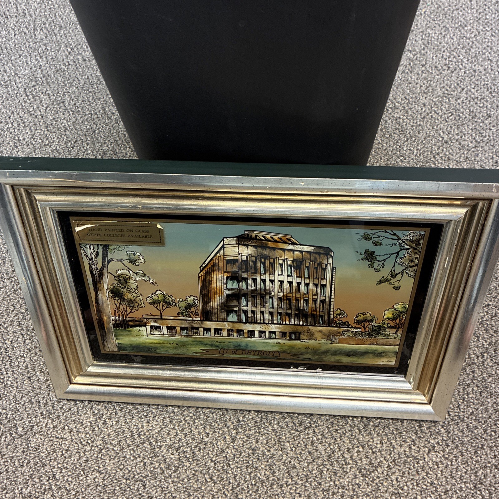 VTG 1970 UNIVERSITY of DETROIT Hand Painted on glass framed FISHER BLDG Art