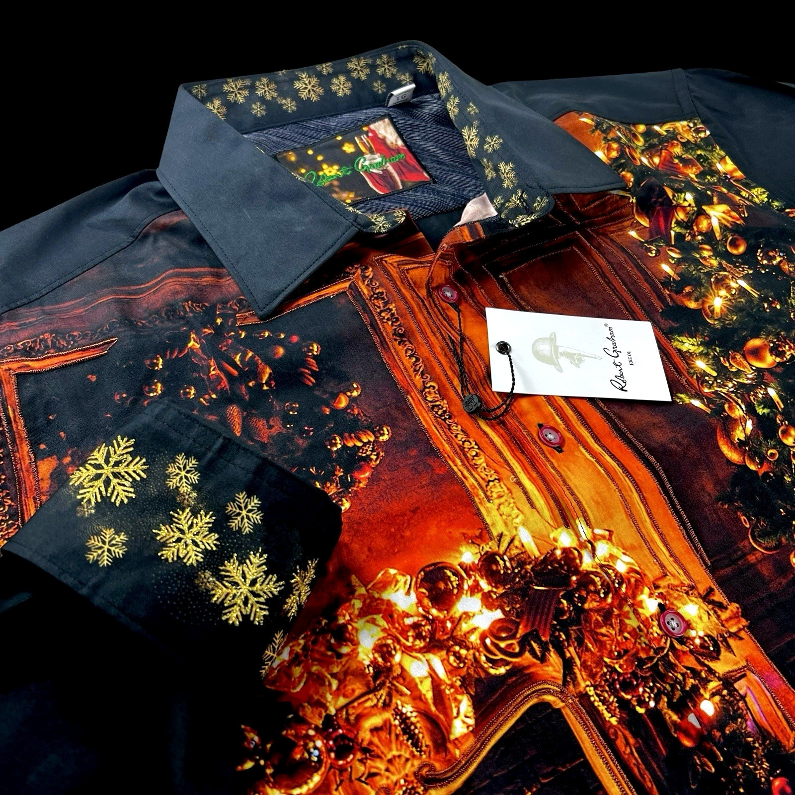 Robert Graham Embroidered Christmas Fireplace Cocktails Geometric Shirt XL $299 Robert Graham Embroidered Christmas Fireplace Cocktails Geometric Shirt XL $299