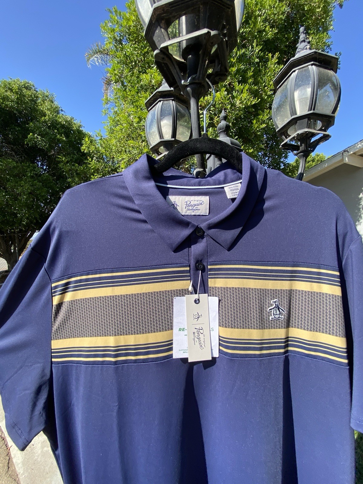Original Penguin Men\'s Golf Polo Shirt L Blue/Yellow/Gray Striped Stretch Logo Original Penguin Men\'s Golf Polo Shirt L Blue/Yellow/Gray Striped Stretch Logo