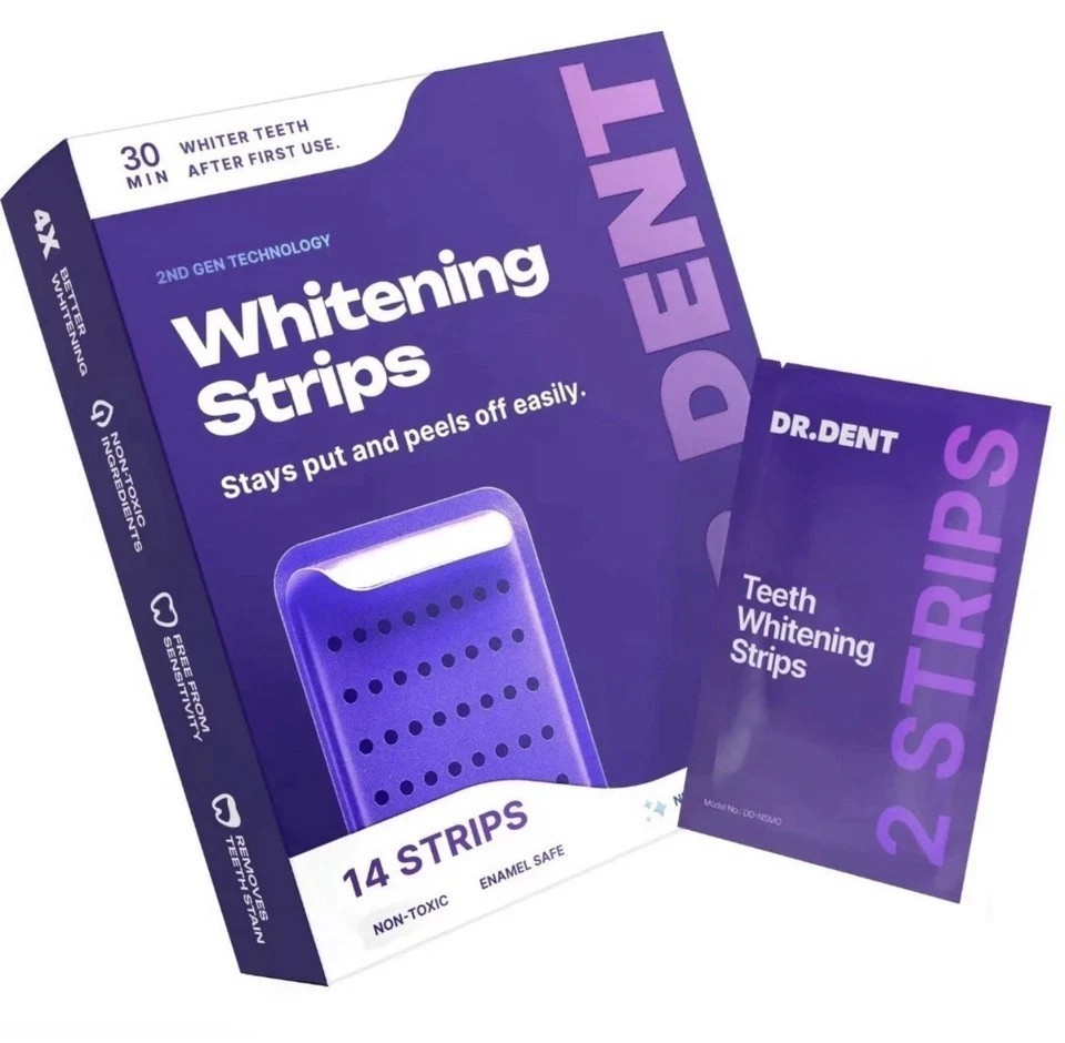 NEW DR.DENT Purple Whitening Strips | Peroxide Free Gentle Teeth Whitening 14 Ct
