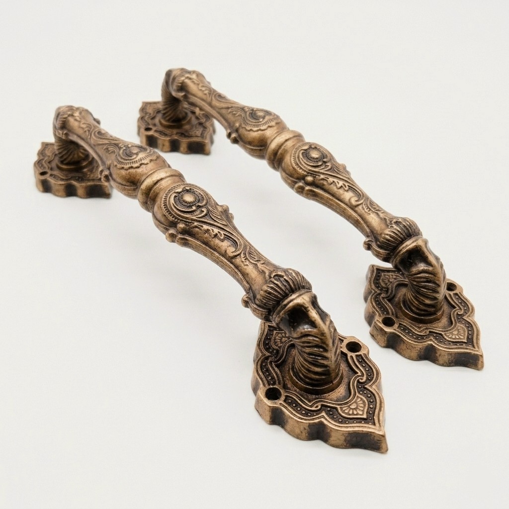 2x Antique Brass Victorian Rococo Door Handle 15