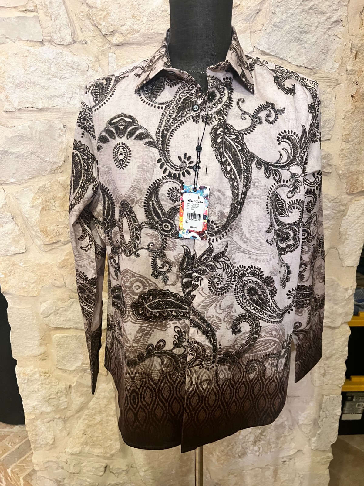 Robert Graham shirt XL NWT $378 stunning khaki and brown color Wallington