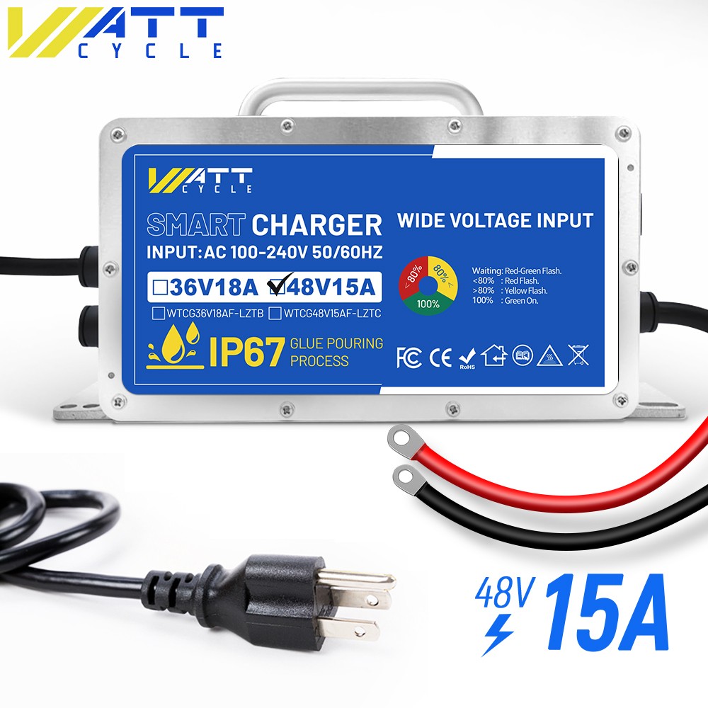 Wattcycle 48V 15A LiFePO4 Battery Charger IP65 for 48V 100Ah Battery Golf Cart
