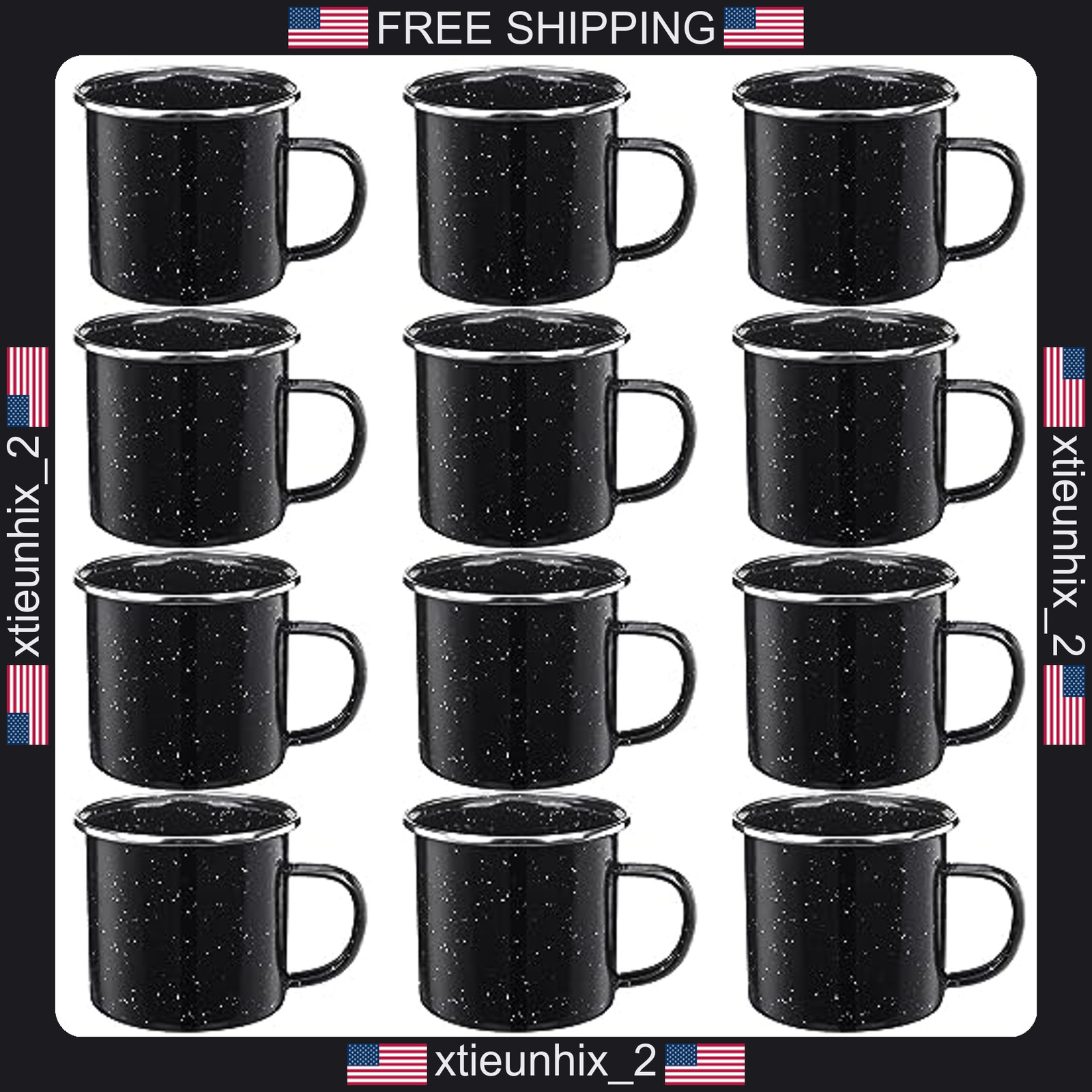 Enamel Camping Mug Set 12 oz Speckled Black Steel Coffee Cups for Outdoor & Home