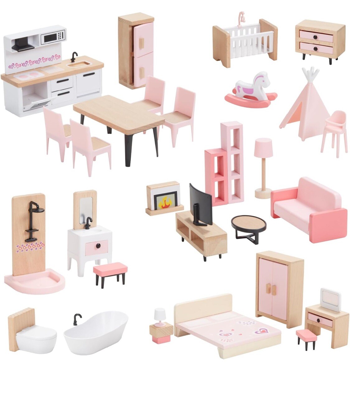 32pcs Wooden Dollhouse Furniture Set 5 Rooms