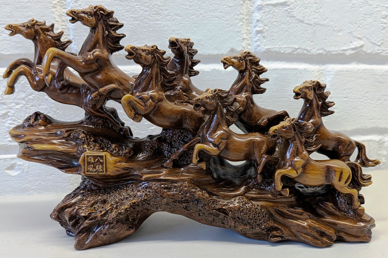 Eight Wild Horses Galloping Stampeding Sculpture Golden Brown Resin Statue New