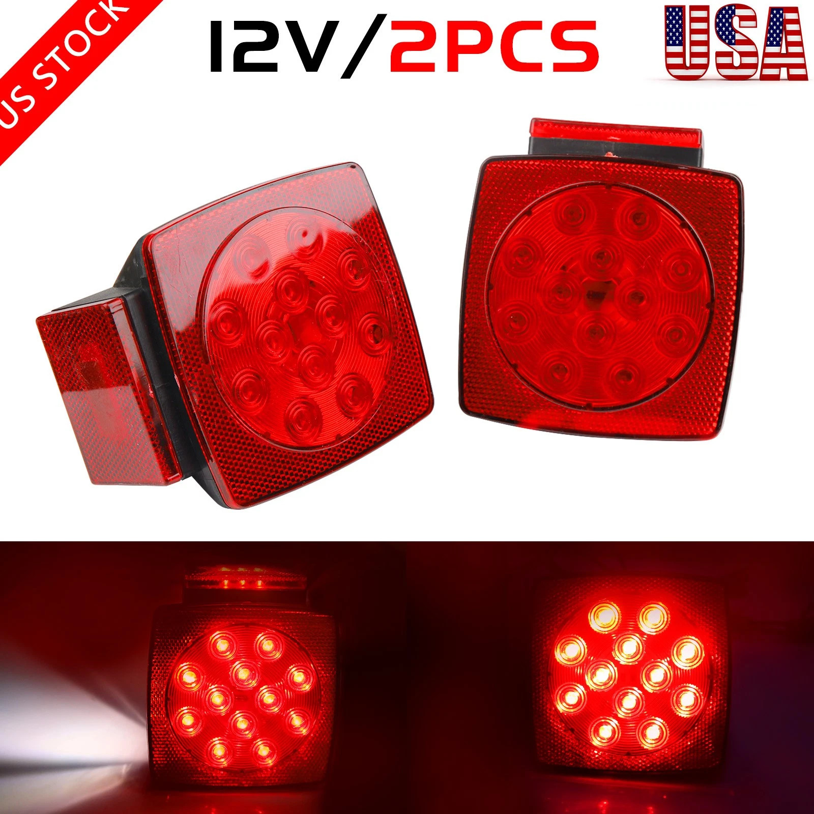1 Pair Rear LED Submersible Square Trailer Tail Lights Kit Boat Truck Waterproof 1 Pair Rear LED Submersible Square Trailer Tail Lights Kit Boat Truck Waterproof