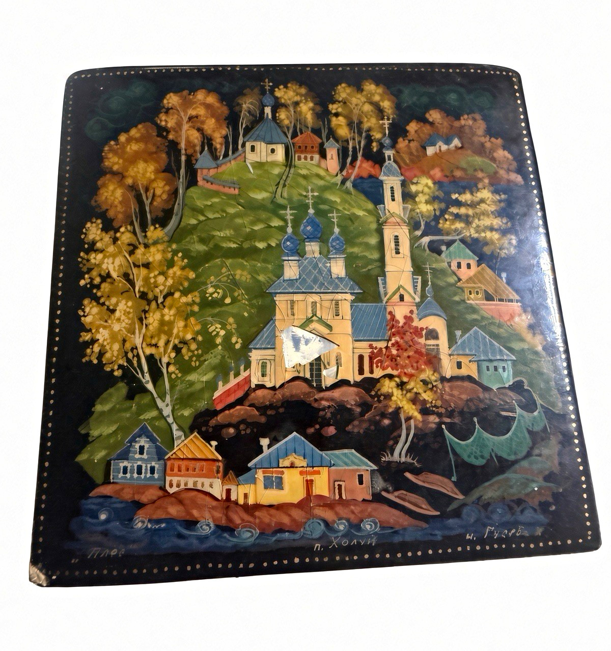 Vintage Kholui Russian Lacquer Box Plyos Плес Church Signed I. Gusev 3.5”